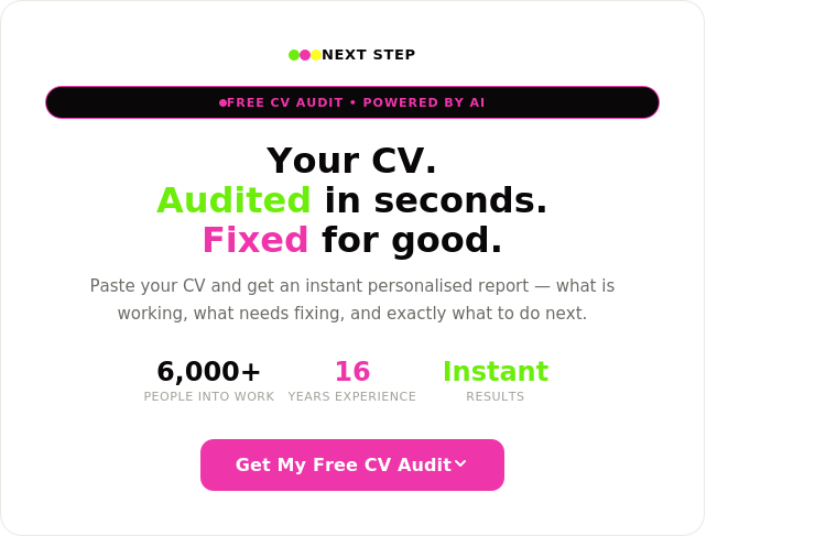 Next Step Free CV Audit tool, powered by AI, get an instant personalised CV report